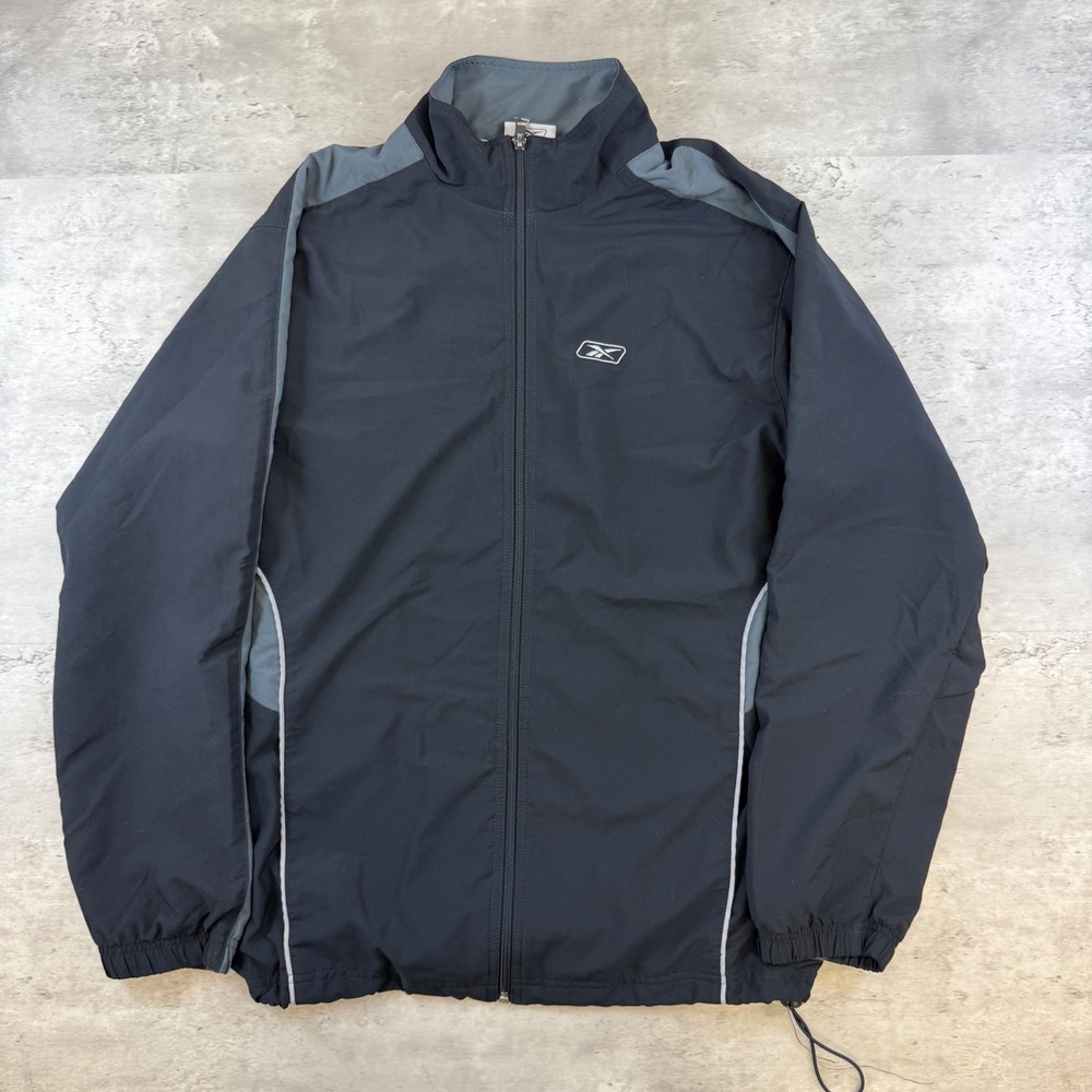 Reebok Mens Black Grey Full Zip Windbreaker Track Jacket Size M Embroidered Logo